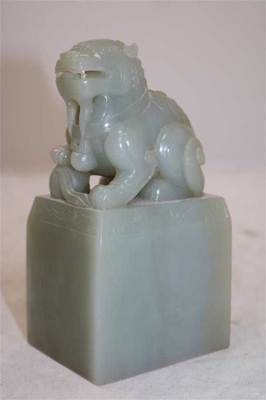 A large Chinese celadon jade lion-dog seal, height 15.5cm